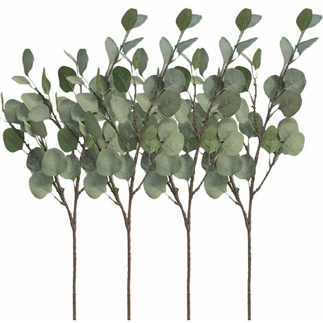Juego de 4 hojas de eucalipto plateadas, rama de 60 cm, planta artificial, flor artificial, follaje artificial para fiestas, bodas, decoración del hogar