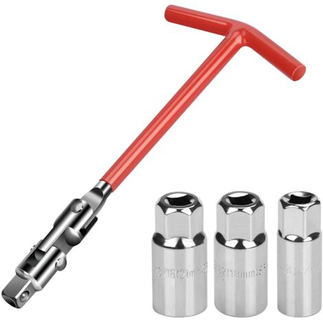 Juego de 4 llaves para bujías/llave para bujías, llave de vaso universal con mango en T de 16 mm/18 mm/21 mm para coche y motocicleta (rojo)