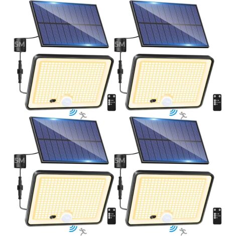 Juego de 4 luces solares exteriores con sensor de movimiento y control remoto, 342 LED, resistentes al agua IP65, 3 modos de iluminación solar para jardín, garaje y patio, luz blanca cálida.