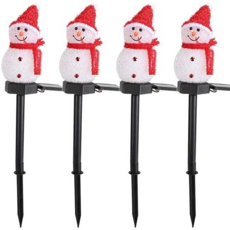 Juego de 4 luces solares navideñas con forma de muñeco de nieve y estacas, luces solares para exteriores para caminos navideños, decoraciones navideñas – Rojo