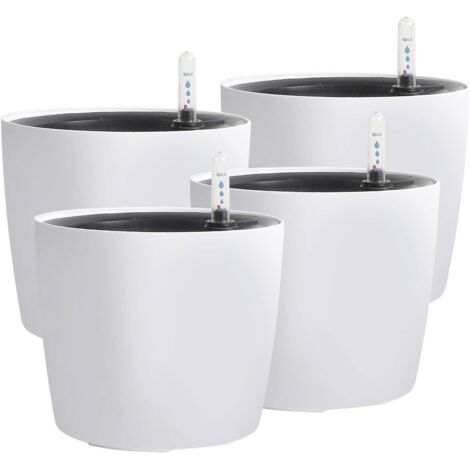 Juego de 4 macetas de 18 cm (7 pulgadas) con autorriego e indicador de nivel de agua, macetas modernas y decorativas para plantas de interior, flores, violetas africanas y otras plantas.