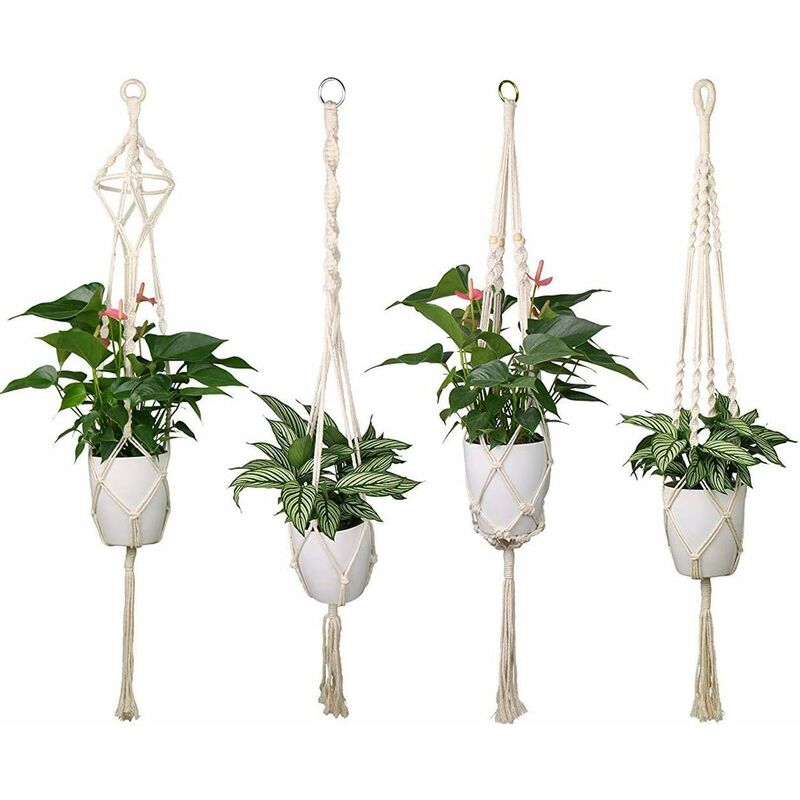 

Juego de 4 macetas de macramé con cuerda para colgar, colgador para plantas, decoración de jardín interior al aire libre con 41 pulgadas, 4 patas de