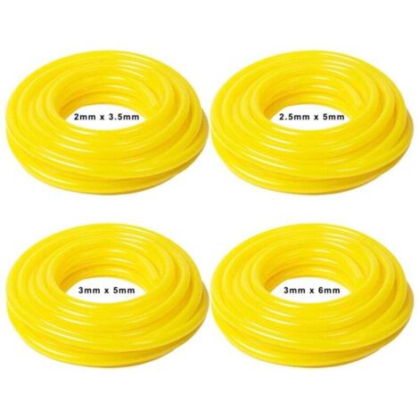 Juego de 4 mangueras de combustible de PVC de 1,5 m de longitud. Dimensiones (diámetro interior x diámetro exterior): 2,5 x 5 mm, 3 x 5 mm, 2 x 3,5 mm, 3 x 6 mm