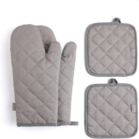 Juego de 4 manoplas y guantes de cocina de algodón extragrueso, resistentes a altas temperaturas (500 °C), para cocinar (30 cm, gris).
