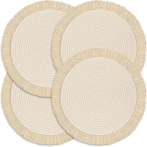 Juego de 4 manteles individuales redondos de algodón lavable, 33 cm, decoración cálida para la mesa, manteles individuales gruesos de estilo rústico campestre, antideslizantes, tejidos a mano.