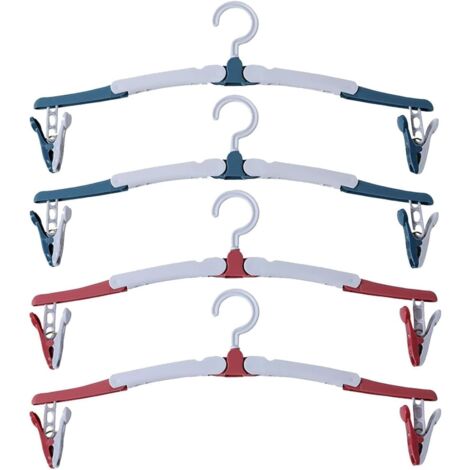 Juego de 4 perchas plegables con pinzas  Perchas de viaje plegables: perchas plegables con gancho giratorio de 360°, ideales para ahorrar espacio en viajes, hoteles y camping (azul/rosa).