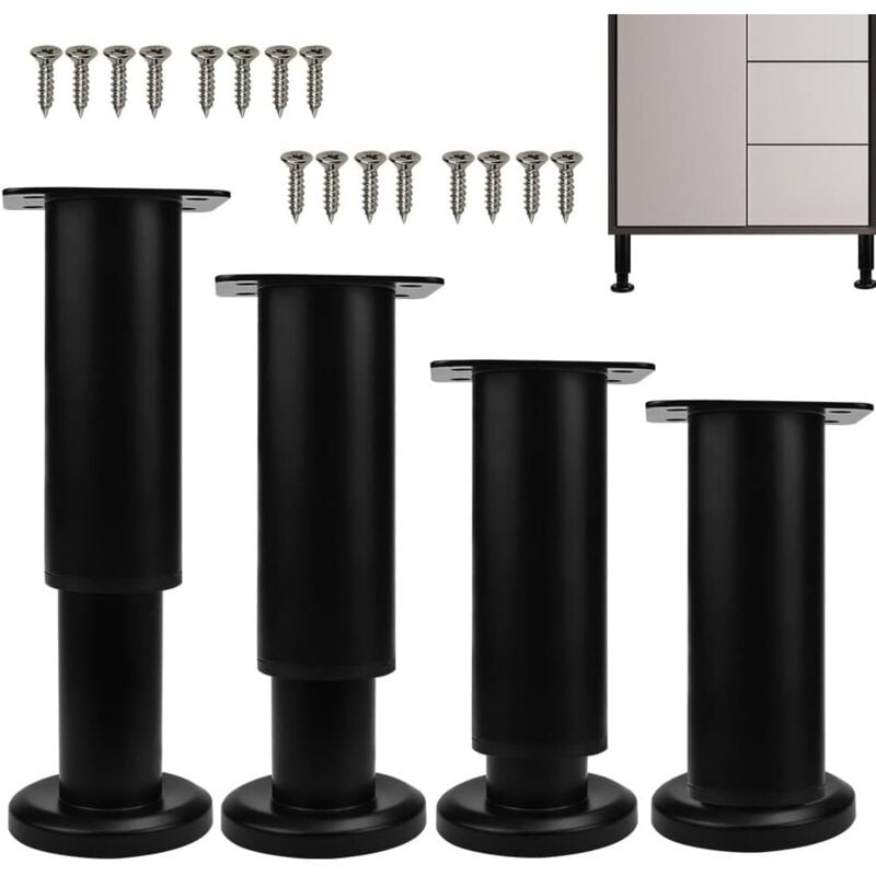 Juego de 4 pies regulables en altura para muebles, metal, negro, regulables 12-18 cm, pies regulables en altura para camas, pies para mesillas de