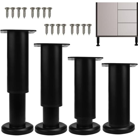 Juego de 4 pies regulables en altura para muebles, metal, negro, regulables 12-18 cm, pies regulables en altura para camas, pies para mesillas de noche