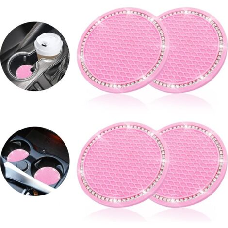 - Juego de 4 posavasos para coche, de silicona antideslizante con diamantes de imitación para el interior del coche (rosa)