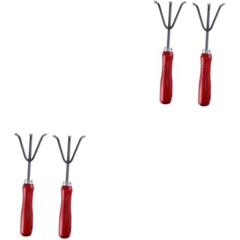 Juego de 4 rastrillos de jardín de tres puntas, rastrillos pequeños de jardín, herramientas para desherbar, herramientas de jardinería, pinzas de jardín, rastrillo con mango de madera roja, 4 piezas