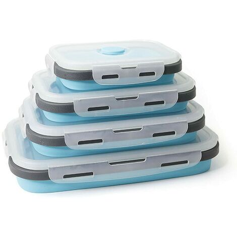 Juego de 4 recipientes de silicona para alimentos, caja de almacenamiento para el almuerzo, caja Bento, sin BPA, apto para microondas, lavavajillas y caja de almacenamiento para nevera (azul)