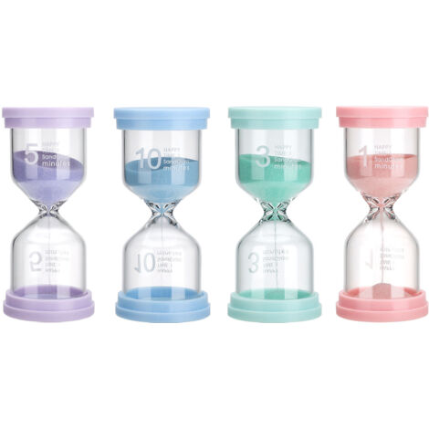 Juego de 4 relojes de arena para horarios de clase – 1, 3, 5, 10 minutos – PVC, vidrio, silicona – portátil y resistente