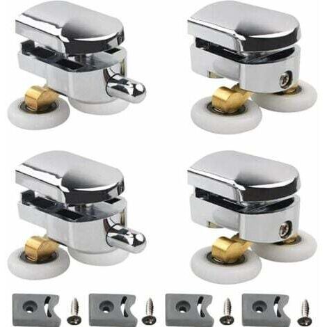 Juego de 4 rodillos dobles para mampara de ducha corredera, 2 ruedas de 23 mm de diámetro, de aleación de zinc, para baño, con bloque anticolisión y fijaciones.