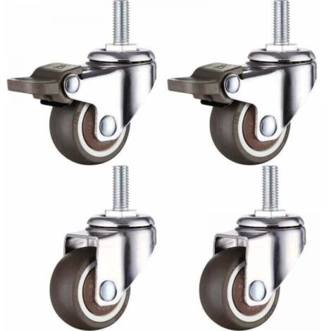 Juego de 4 ruedas pequeñas para muebles - 25 mm - Goma blanda TPE - M6 x 15 mm - Rosca (2 piezas con freno) (25 mm)