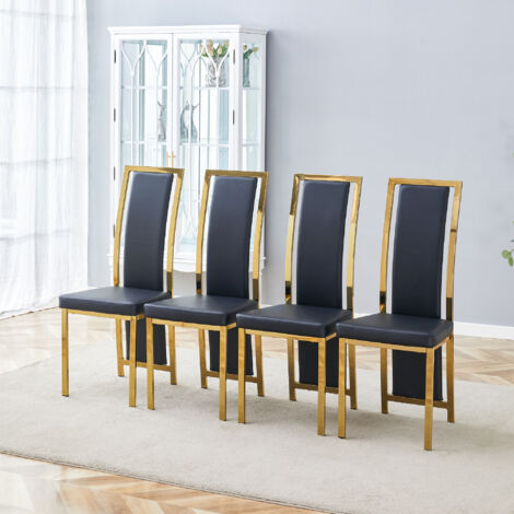 Juego de 4 sillas de comedor, 109 cm, respaldo alto ergonómico, estructura metálica, acabado en PU y dorado - negro