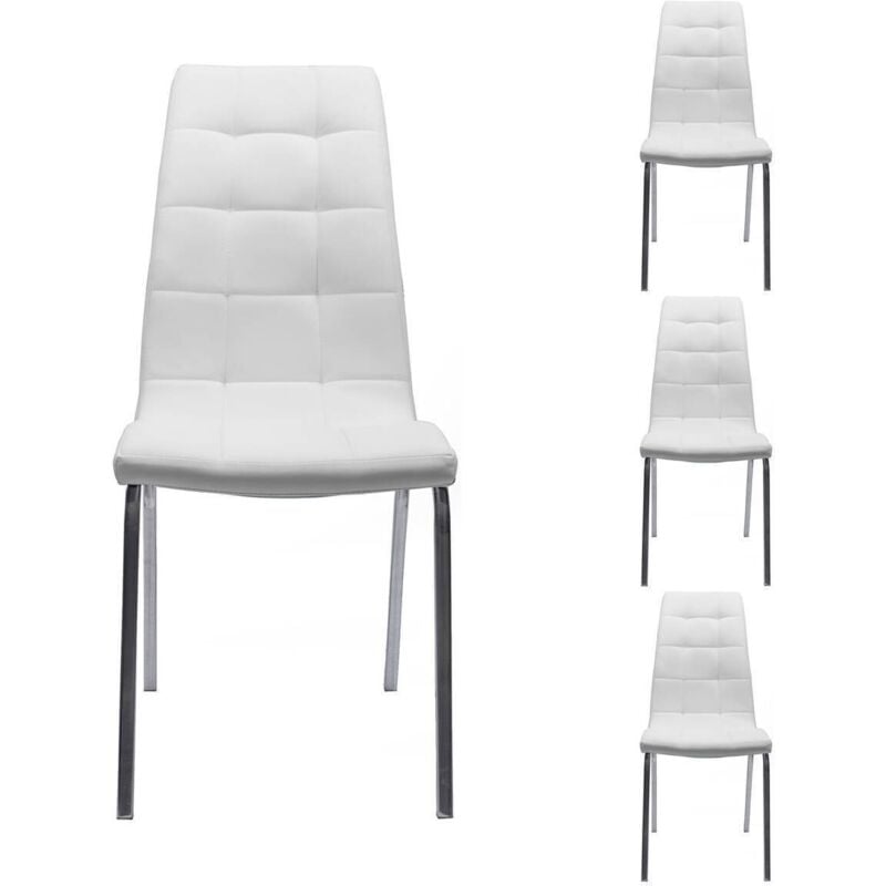 

Juego de 4 Sillas de comedor ALEX tapizadas en polipiel y patas de metal cromadas | BLANCO - BLANCO