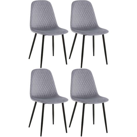 Juego de 4 sillas de comedor con costuras decorativas de rombos, asiento de terciopelo gris, patas de metal negro mate 100001880