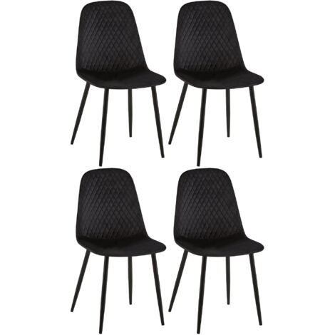 Juego de 4 sillas de comedor con costuras decorativas de rombos, asiento de terciopelo negro, patas de metal negro mate 100001876