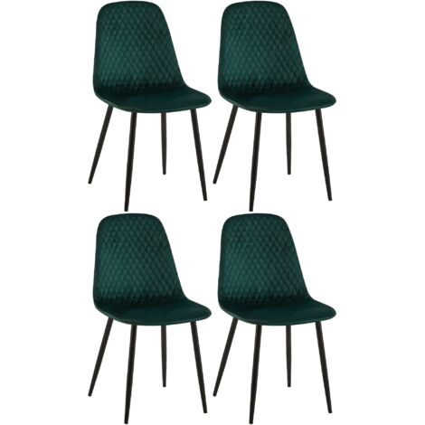 Juego de 4 sillas de comedor con costuras decorativas de rombos, asiento de terciopelo verde, patas de metal negro mate 100001878