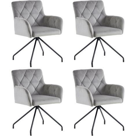 Juego de 4 sillas de comedor con reposabrazos, diseño ergonómico, patas metálicas estables, terciopelo gris claro
