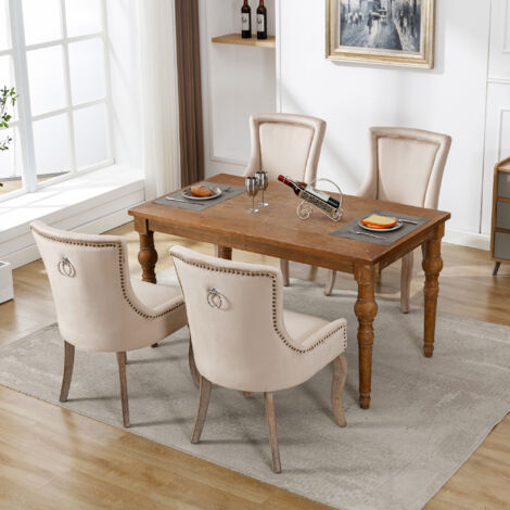 Juego de 4 sillas de comedor con ribete claveteado, patas en madera maciza, tejido en terciopelo beige