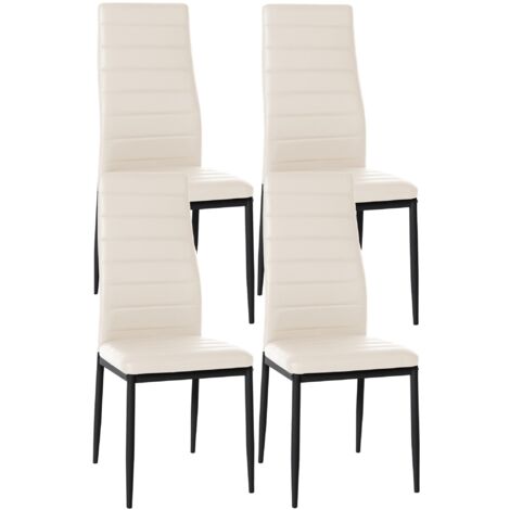 Juego de 4 sillas de comedor de diseño sencillo en sintético color crema con pespuntes en estructura de metal negro CDS10406