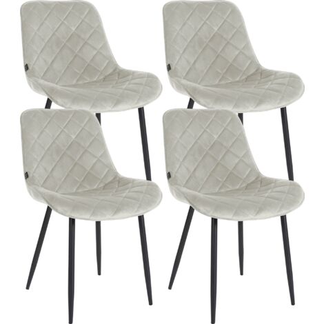 Juego de 4 sillas de comedor en cómoda tela de terciopelo color crema con patas de metal negro con pespuntes de rombos CDS10425