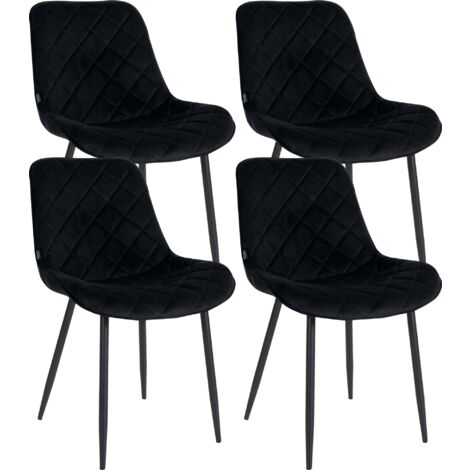 Juego de 4 sillas de comedor en cómoda tela de terciopelo negro con patas de metal negro con pespuntes de rombos CDS10428