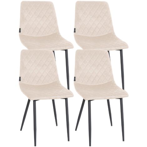 Juego de 4 sillas de comedor en tela de terciopelo color crema, patas de metal negro, costura de rombos CDS10419