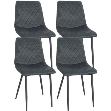 Juego de 4 sillas de comedor en tela de terciopelo gris oscuro, patas de metal negro, costura de rombos CDS10420