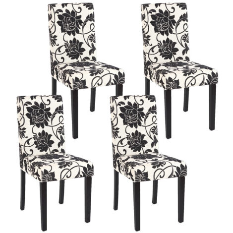 Juego de 4 sillas de comedor en tela estampada blanca y negra, patas oscuras CDS04122