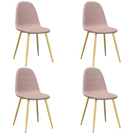 Juego de 4 sillas de comedor en tela terciopelo rosa pespunte rombos patas hierro dorado DEC025653