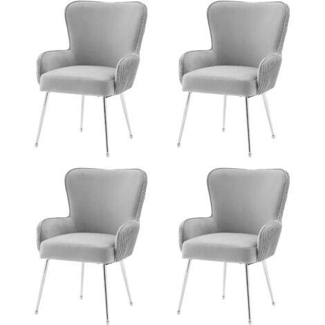 Juego de 4 sillas de comedor en terciopelo, silla en terciopelo con patas de metal plateado y reposabrazos, gris