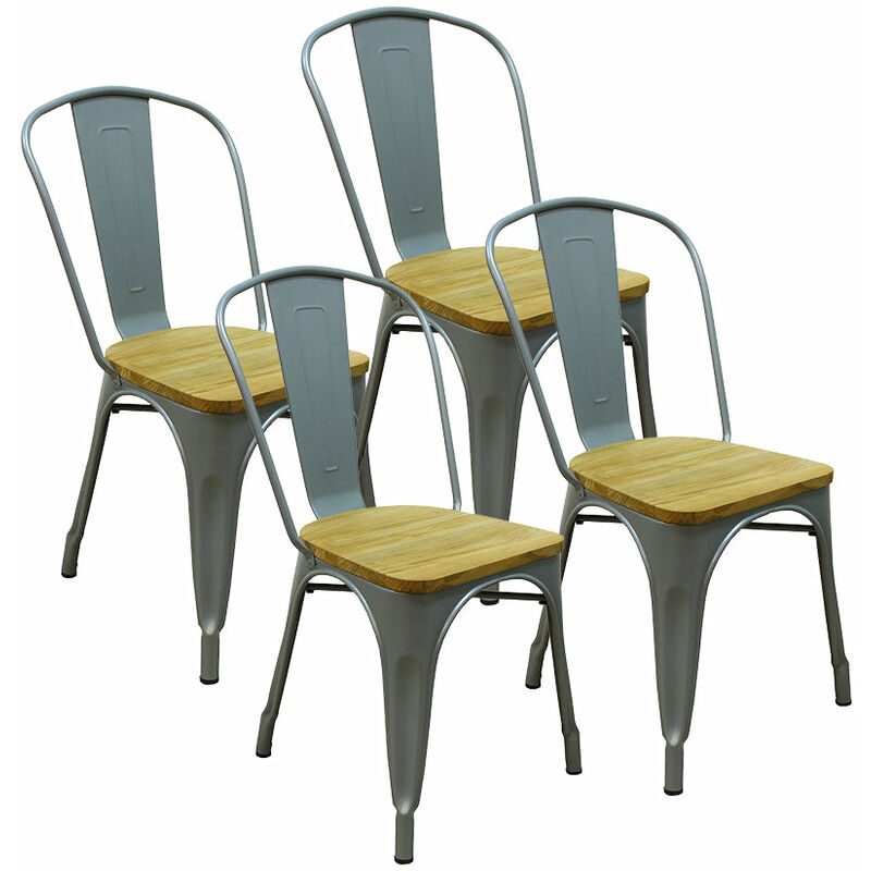 

Juego de 4 sillas GASTON de metal gris, estilo industrial, con asiento de madera maciza clara