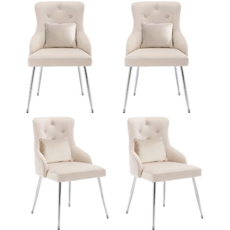 Juego de 4 sillones modernos de terciopelo beige con reposabrazos acolchados y detalles capitoné, con patas de metal, ideales para la sala de estar, el dormitorio, la oficina o el estudio.