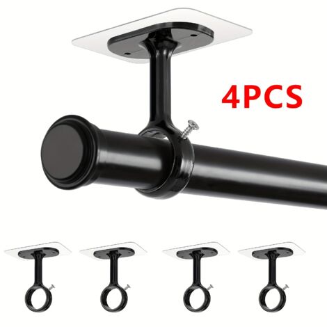 Juego de 4 soportes para barras de cortina de techo, sin taladros, resistentes y autoadhesivos, ajustables, para barras de 3,05 cm de diámetro. Negro.