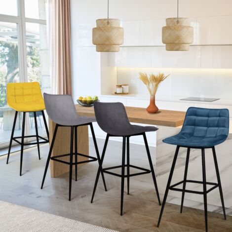 Juego de 4 taburetes de bar MADY en mezcla de terciopelo color azul, gris claro, gris oscuro, amarillo