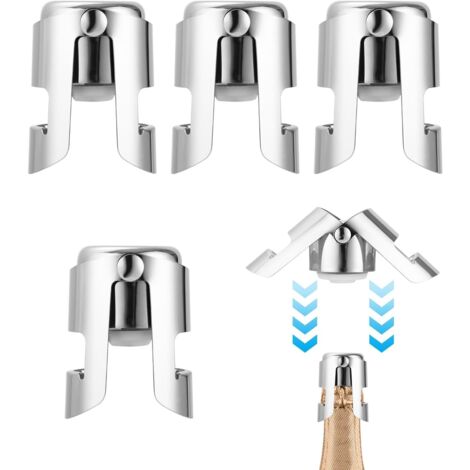 Juego de 4 tapones para champán, de acero inoxidable, con sistema antiburbujas, fabricados con silicona de grado alimenticio, reutilizables, para botellas de champán y vino espumoso.