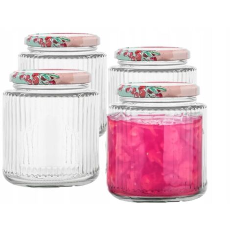 Juego de 4 tarros de cristal ranurados de 350 ml con tapa y etiqueta.
