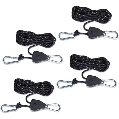 Juego de 4 tensores reflectantes ajustables, de 4 metros de largo, con cuerda de 4 mm, aptos para uso en exteriores como toldos y tiendas de campaña, de color negro.