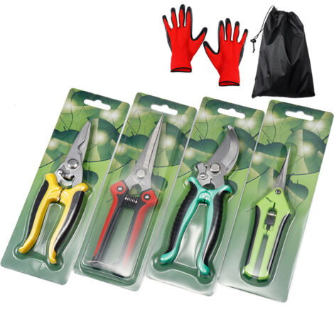 Juego de 4 tijeras de acero inoxidable con bolsa de almacenamiento para ramas/árboles frutales, incluido un guante de jardinería gratuito de COOCHEER