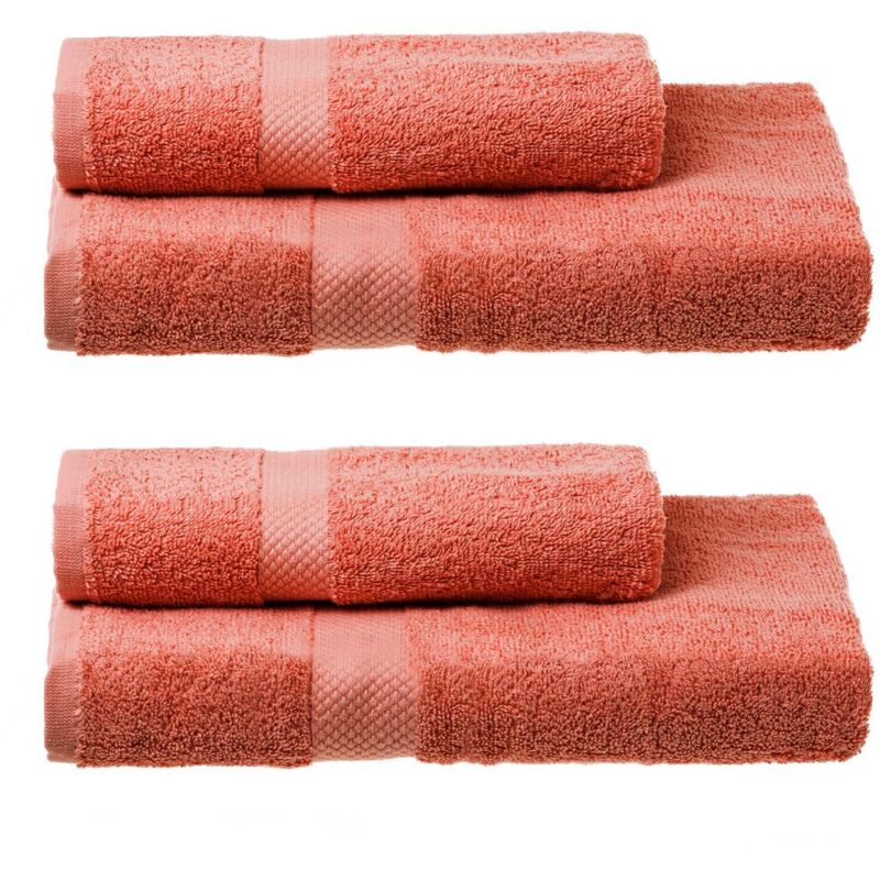 

Juego de 4 toallas de baño, en rosa coral, 100% de algodón natural