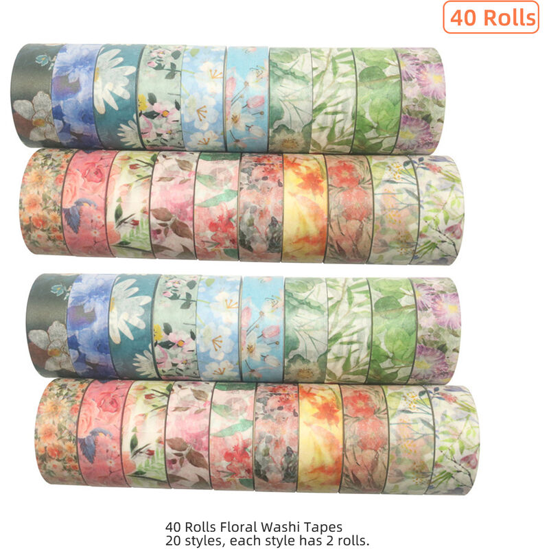 

Juego de 40 rollos de cinta Washi con flores florales, hojas, plantas, cintas decorativas Washi decorativas, cinta adhesiva adhesiva de 15 mm de