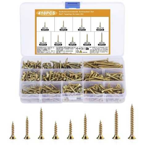 Juego de 410 tornillos autorroscantes universales para madera (M3, M3,5 y M4), de cabeza plana, para chapa metálica, con cabeza avellanada.