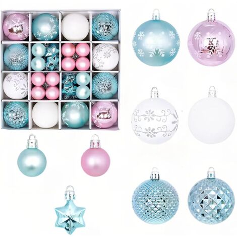 Juego de 44 bolas navideñas de plástico irrompibles para colgar, decoración navideña (azul, blanco, rosa)
