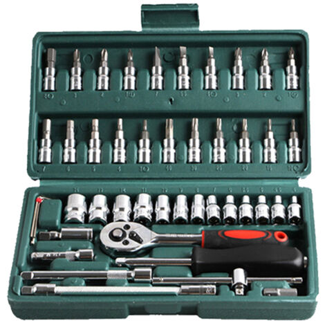 Juego de 46 piezas de llaves de carraca y destornilladores de 1/4" con vasos, kit de reparación para coches y motocicletas, estuche de almacenamiento, para uso en taller y carretera.