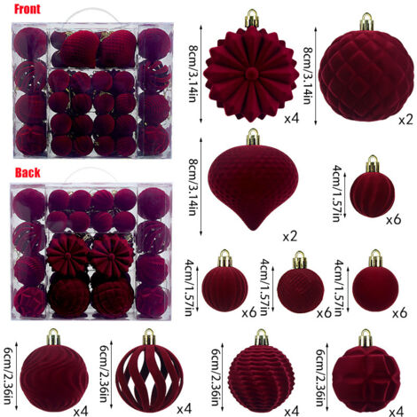 Juego de 48 adornos navideños decorativos de plástico para árbol, adornos de Año Nuevo para manualidades, bolas navideñas, rojo vino.