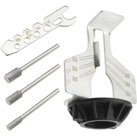 Juego de 5 accesorios para afilar motosierras: herramienta de pulido, guía de perforación, adaptador de cabezal, regla y herramienta rotativa.