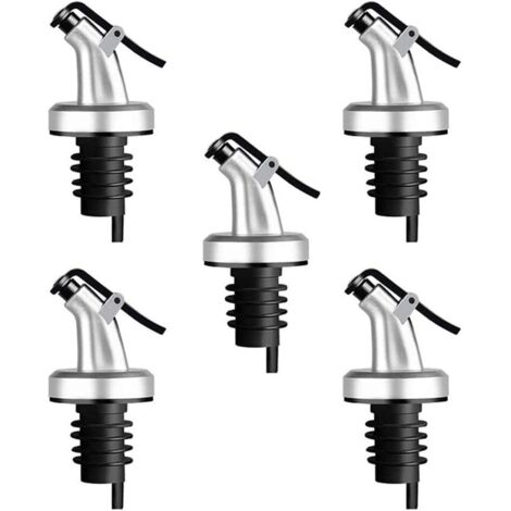 Juego de 5 boquillas vertedoras para botellas de alcohol, aceite de oliva y vino, con tapones de goma, dispensador plateado y tapón dosificador.