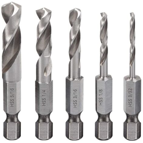 Juego de 5 brocas helicoidales hexagonales cortas HSS M2 de 1/4" de cambio rápido para madera, plástico y metales blandos con fijación en ángulo recto.